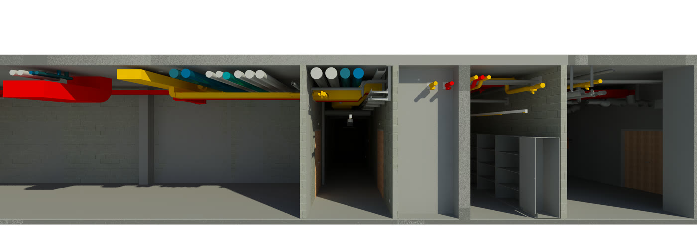 Rendering: Schnitt durch das Untergeschoss mit Korridor und den Leitungen unter der Decke