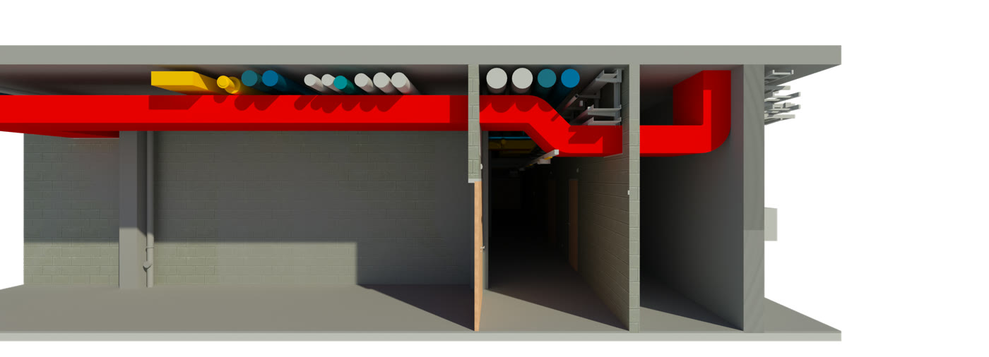 Rendering: Schnitt durch einen Korridor im Untergeschoss, die Leitungen unter der Decke farbig nach Gewerk