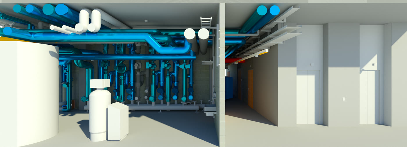 Rendering: Technikzentrale mit den Verteilern für Heizung und Kälte, daneben ein Korridor im Untergeschoss