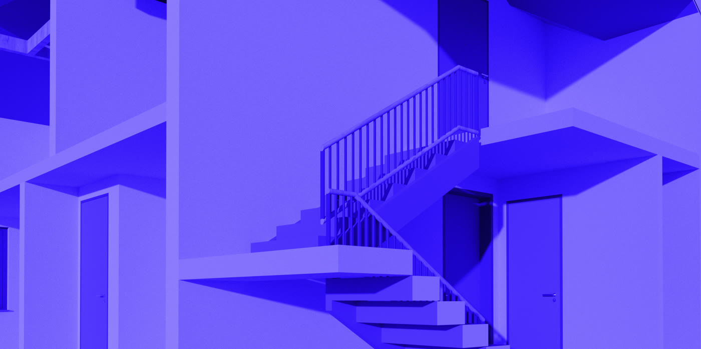 Rendering aus dem Modell: Treppenhaus des Wohnhauses, aus dem 3D-Scan modelliert
