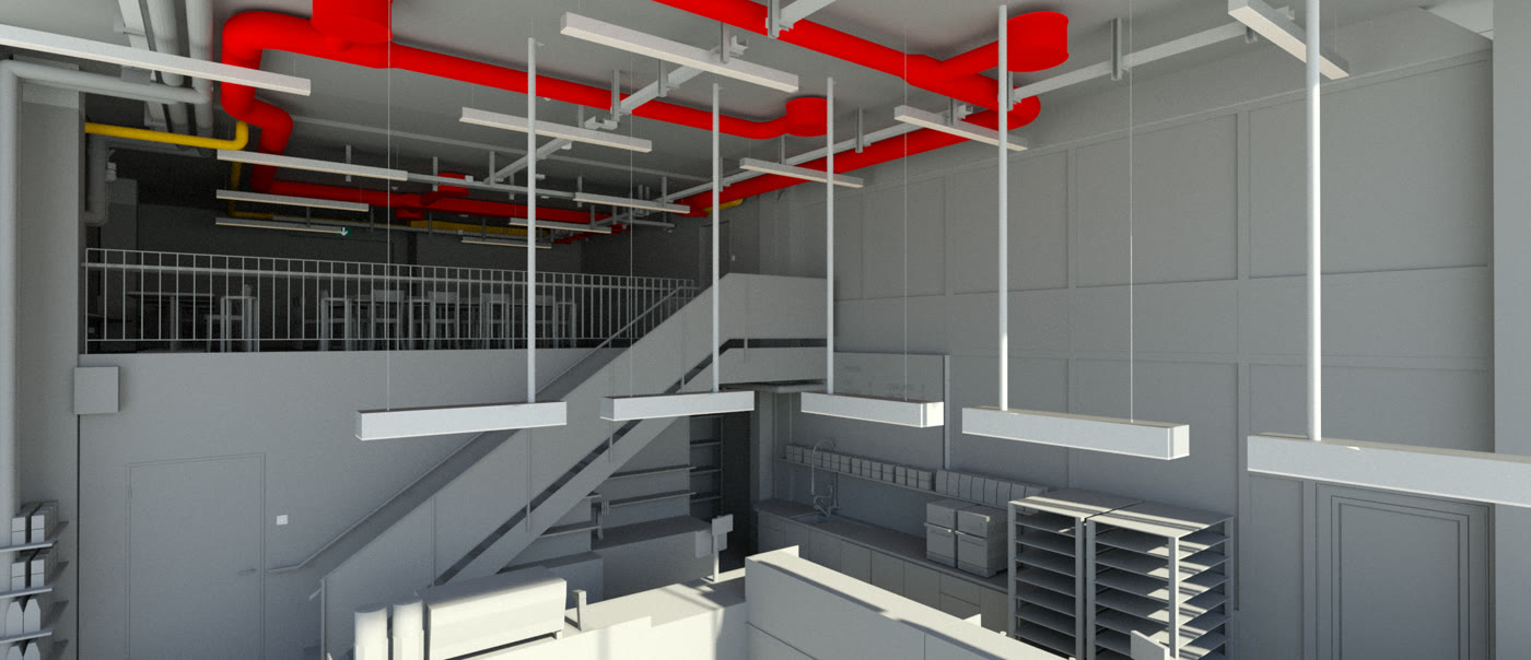 Rendering: Fabrikladen mit Treppe zur Galerie und der Gebäudetechnik unter der Decke