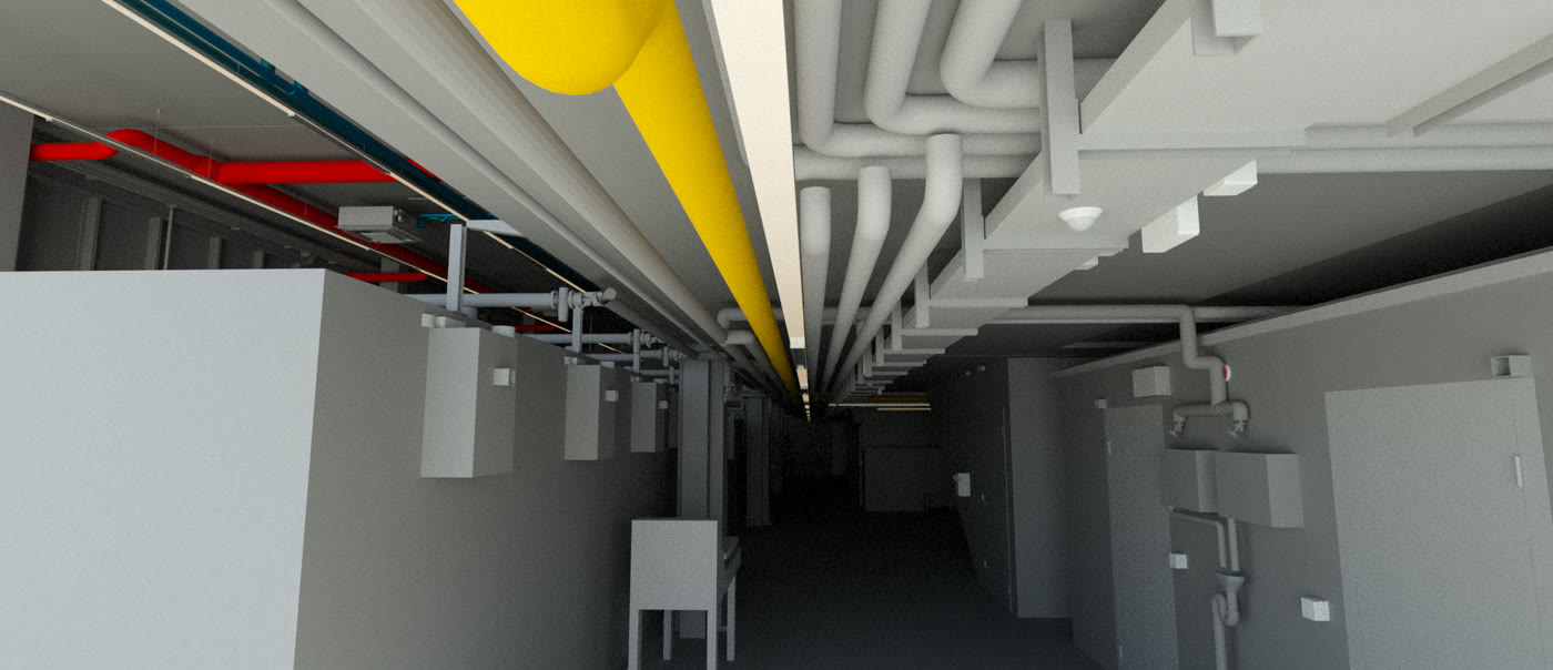 Rendering: Korridor der Produktion mit den HLKSE-Installationen unter der Decke