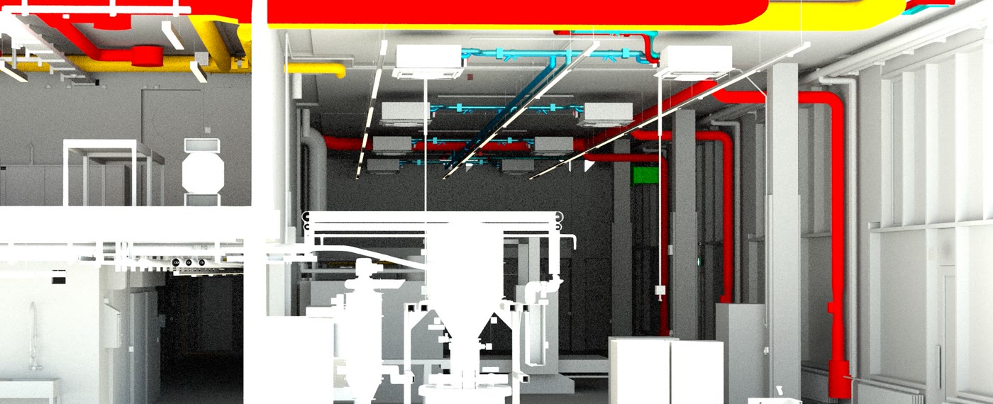 Rendering: Produktionsbereich, die Gewerke der Gebäudetechnik farbig getrennt im Modell