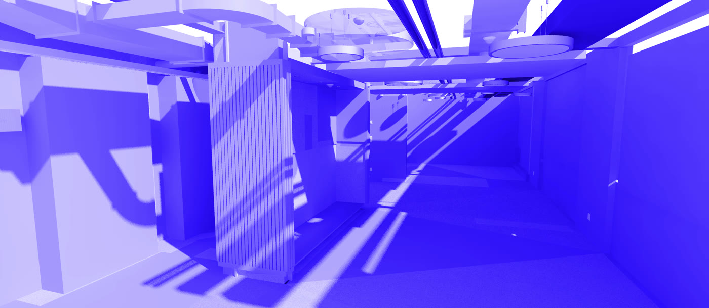 Rendering aus dem Modell: Korridor im Forschungszentrum, unter der Decke Lüftung und Leitungen der Gebäudetechnik