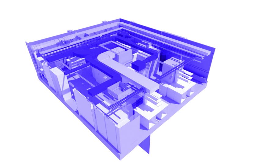 Rendering aus dem Modell: ein Laborgeschoss von oben, mit den Leitungen der Gebäudetechnik