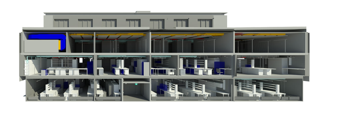 Rendering: Schnitt durch das ganze Haus 09 mit den Laboren und den Kühldecken in jedem Geschoss