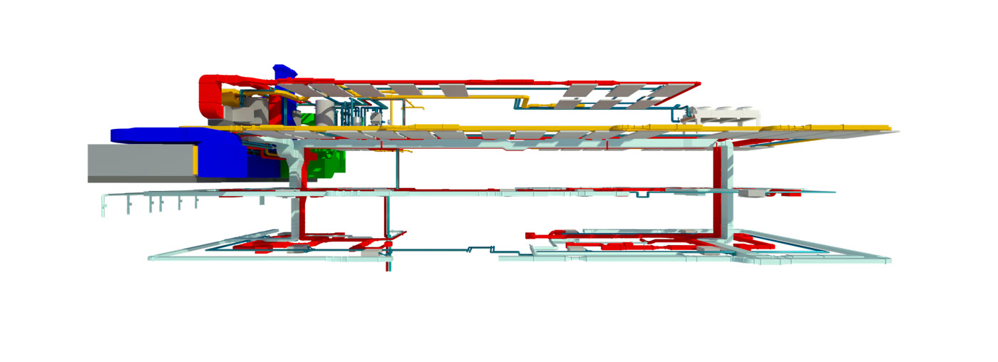 Rendering: die Leitungen der Gebäudetechnik über alle Geschosse, ohne Baukörper