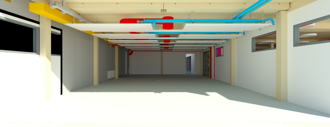 Rendering: offene Bürofläche mit der Gebäudetechnik unter der Decke