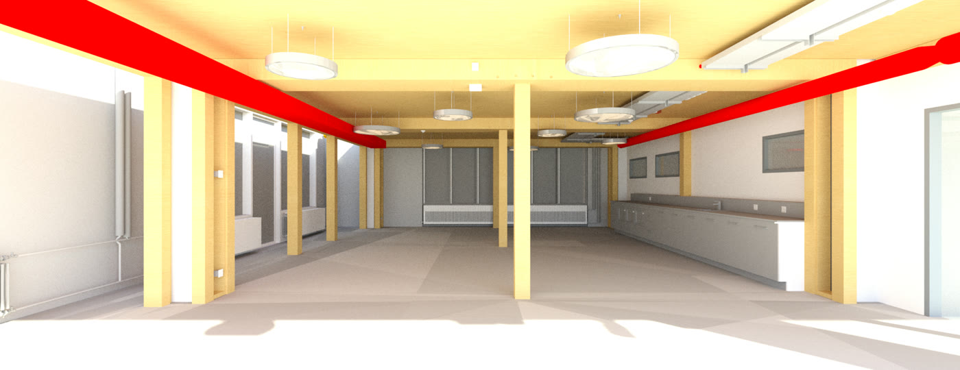 Rendering: Innenraum im Holzbau mit Leitungen und Beleuchtung unter der Decke