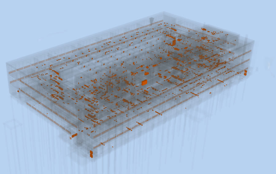 Alle Aussparungen im Gesamtkoordinationsmodell, orange hervorgehoben im transparenten Rohbau