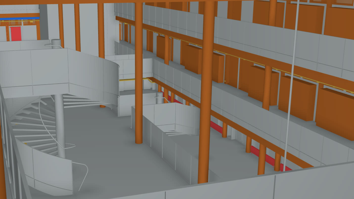 Die Halle im Koordinationsmodell: Holzstützen, Galerien, Wendeltreppe und die Leitungen entlang der Träger