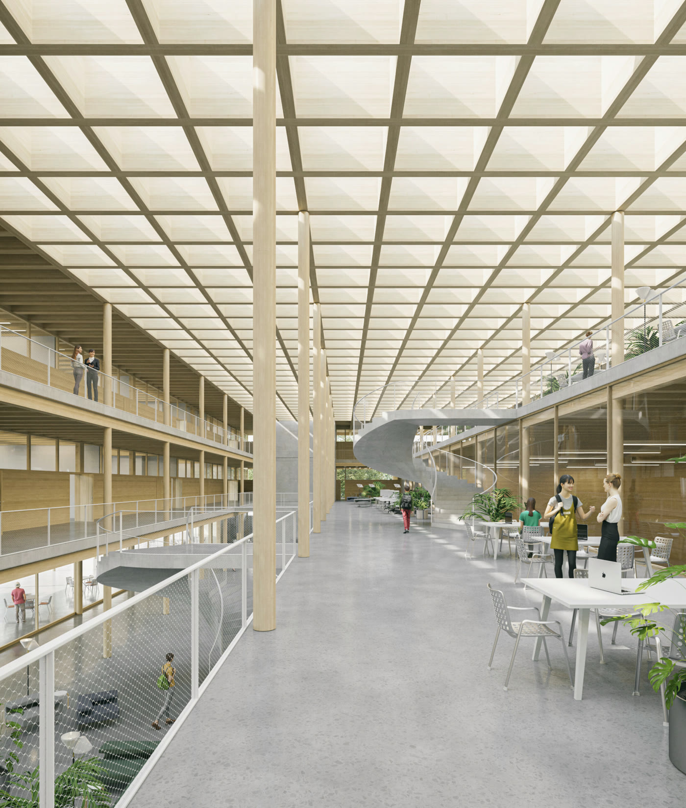 Visualisierung des Ersatzneubaus: die Halle mit Galerien, Wendeltreppe und Holztragwerk