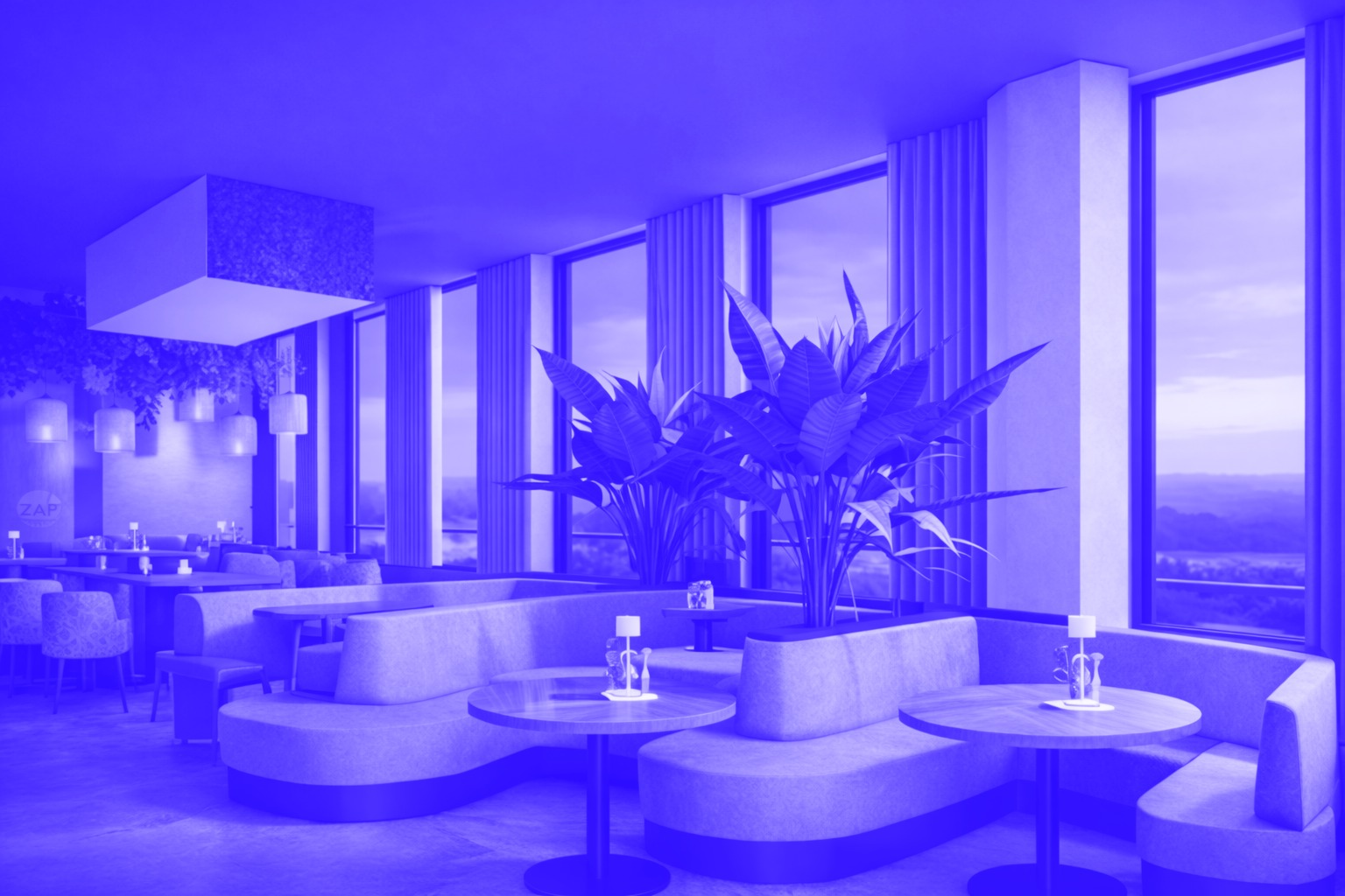 Restaurant ZAP Rendering Innenansicht Lounge-Bereich. Bauherrenbetreuung HLKSE und Kälteplanung von Impuls Plus GmbH