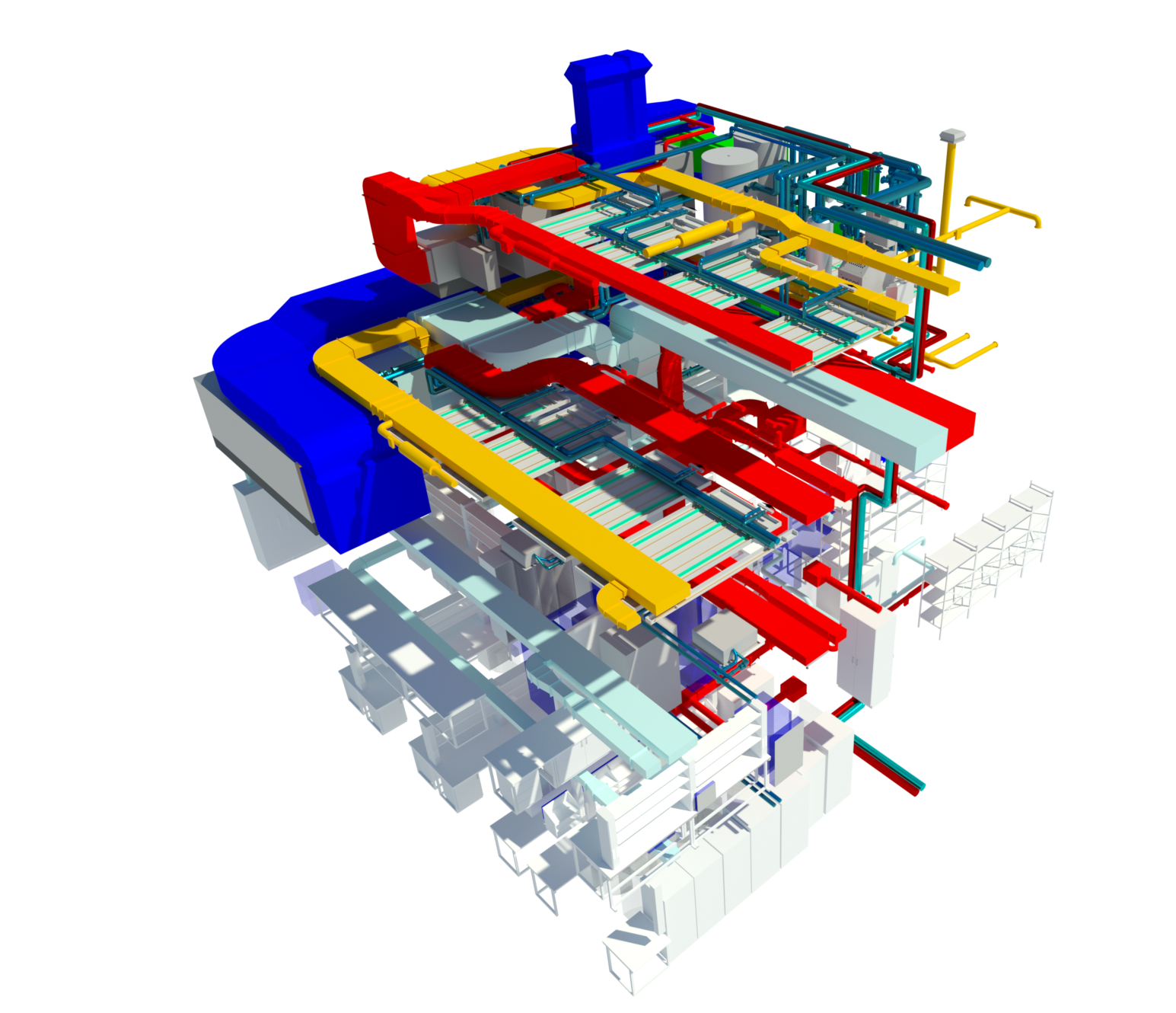 Rendering HLKSE-Installationen eines Gebäudeteil des HOCH H09