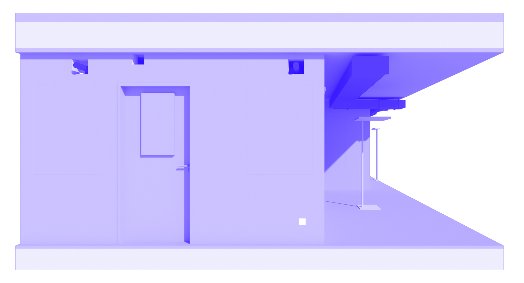 Moderne Raumdarstellung in blau mit Lüftungsinstallationen